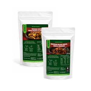 Two packages of instant meals with green labels on a white background