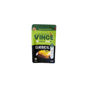 A package of Vince Classic, featuring a green and black pouch with a photo of cottage pie