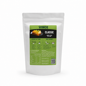 A white stand-up pouch of Vince Classic Meat & Starch Mix with a green and black label, shown on a clean white background.