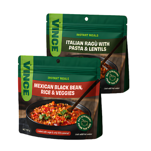 Two VINGE instant meal packages, one for Italian Ràgé with Pasta & Lentils and the other for Mexican Black Bean, Rice & Veggies, on a white background.
