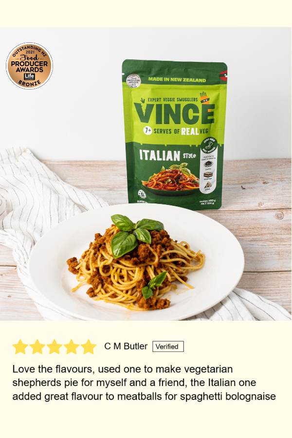 A bag of Vince Vegetable Mince in the Italian flavor, featuring a green and yellow stand-up pouch with a photo of the spaghetti bolognese and a review