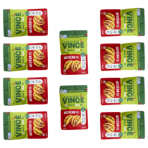 10 stand-up pouches of Vince Mexican The packaging features a green top section with the brand name 'VINCE' in large green letters, and an image of a filled taco on the front.