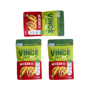 3 stand-up pouches of Vince Mexican The packaging features a green top section with the brand name 'VINCE' in large green letters, and an image of a filled taco on the front.