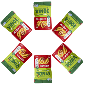 6 stand-up pouches of Vince Mexican The packaging features a green top section with the brand name 'VINCE' in large green letters, and an image of a filled taco on the front.