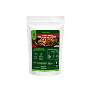 Vince Veggie Ragu with Pasta & Lentils instant meal package on a white background