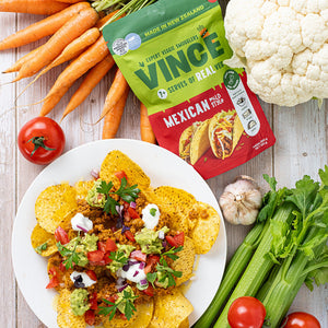 Veggie-packed nachos topped with guacamole, sour cream, and fresh herbs, made with Vince hidden veggie mix and beef mince or beans. Smart, healthy meals for kids in NZ and Australia.